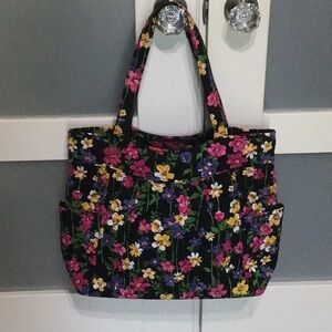 Floral Quilted Tote Bag in Black with Pink & Yellow Flowers